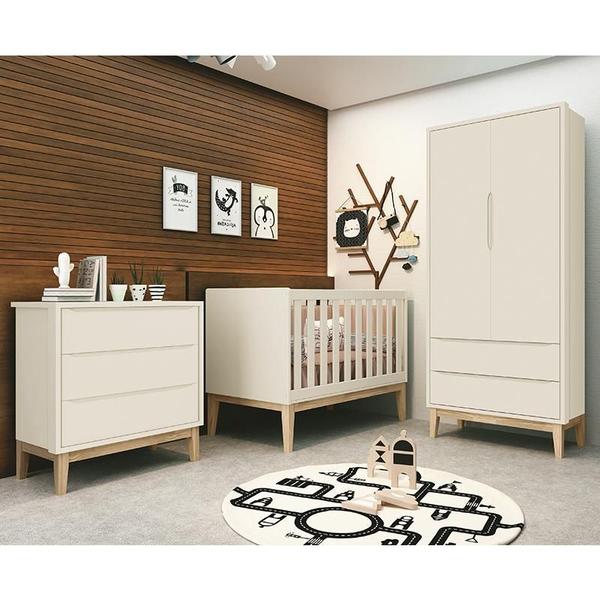 Dormitório Infantil Classic 2 Portas, Cômoda 3 Gavetas, Berço com Pés Madeira Natural e Colchão - Reller Móveis Imagem de Dormitório Infantil Classic 2 Portas, Cômoda 3 Gavetas, Berço com Pés Madeira Natural e Colchão - Reller Móveis