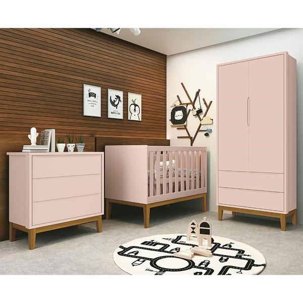 Imagem de Dormitório Infantil Classic 2 Portas, Cômoda, Berço Rosa com Pés Amadeirado e Colchão D18 - Reller Móveis