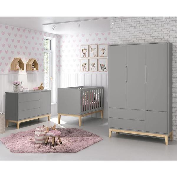 Imagem de Dormitório Infantil Classic 3 Portas, Cômoda 1 Porta, Berço Cinza Fosco com Pés Madeira Natural e Colchão - Reller Móveis