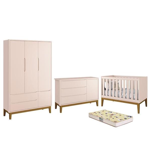 Imagem de Dormitório Infantil Classic 3 Portas, Cômoda 1 Porta, Berço Rosa com Pés Amadeirado e Colchão D18 - Reller Móveis