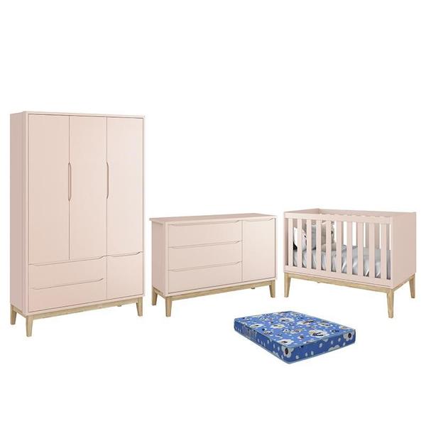 Imagem de Dormitório Infantil Classic 3 Portas, Cômoda 1 Porta, Berço Rosa Fosco com Pés Madeira Natural e Colchão - Reller Móveis