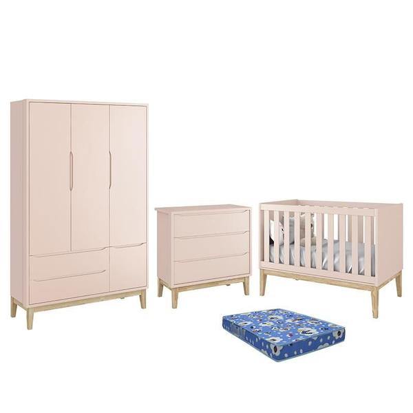 Imagem de Dormitório Infantil Classic 3 Portas, Cômoda 3 Gavetas, Berço Rosa Fosco com Pés Madeira Natural e Colchão - Reller Móveis