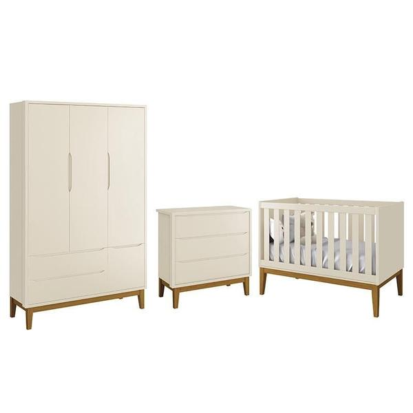 Dormitório Infantil Classic 3 Portas, Cômoda 3 Gavetas e Berço com Pés Amadeirado - Reller Móveis Imagem de Dormitório Infantil Classic 3 Portas, Cômoda 3 Gavetas e Berço com Pés Amadeirado - Reller Móveis