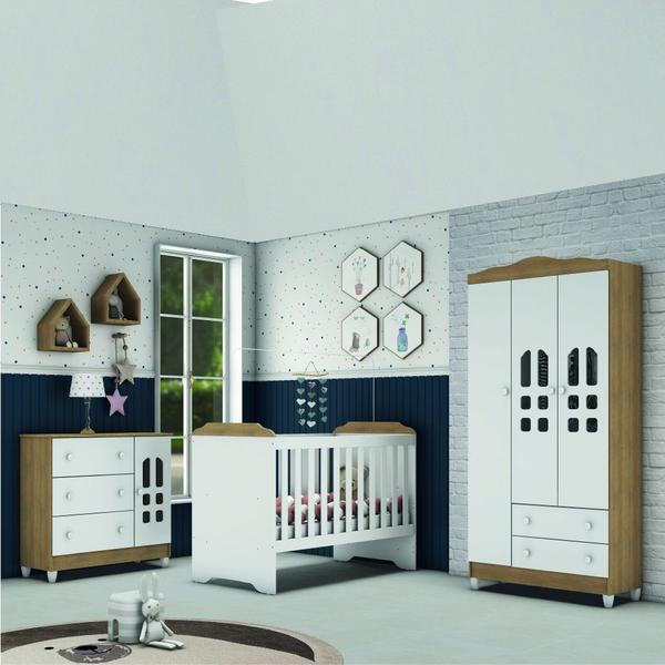 Imagem de Dormitório Infantil Completo Berço Americano Mini Cama 3 em 1 Para Quarto Bebê Helena Branco/Madeirado