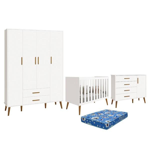 Dormitório Infantil Isis Guarda Roupa 4 Portas, Cômoda 1 Porta e Berço Branco com Colchão - Reller Móveis Imagem de Dormitório Infantil Isis Guarda Roupa 4 Portas, Cômoda 1 Porta e Berço Branco com Colchão - Reller Móveis