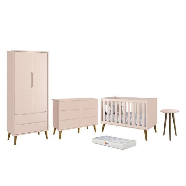 Imagem de Dormitório Infantil Theo 2 Portas, Cômoda 6 Gavetas, Berço, Mesa de Canto Rosa Fosco com Pés Amadeirado e Colchão - Reller Móveis