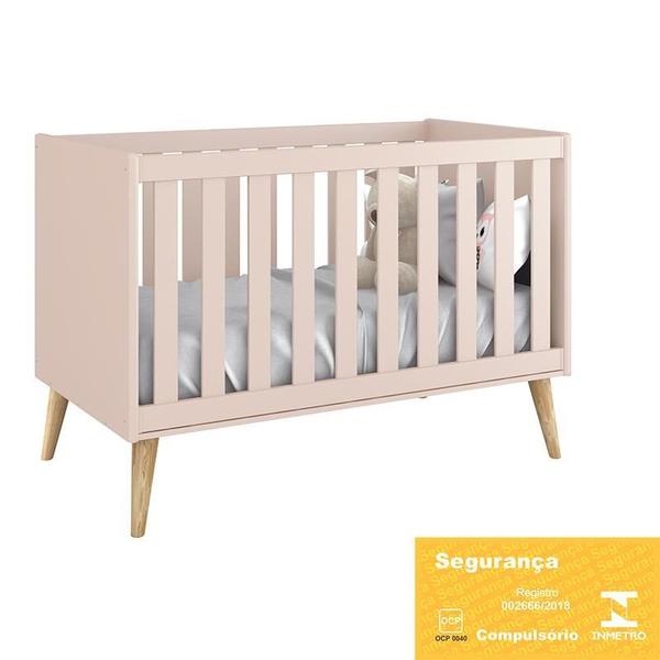 Imagem de Dormitório Infantil Theo 2 Portas, Cômoda 6 Gavetas, Berço, Mesa de Canto Rosa Fosco com Pés Madeira Naturale Colchão - Reller Móveis