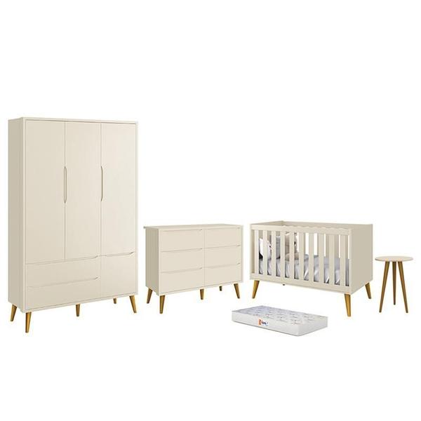 Imagem de Dormitório Infantil Theo 3 Portas, Cômoda 6 Gavetas, Berço, Mesa de Canto com Pés Amadeirado e Colchão - Reller Móveis