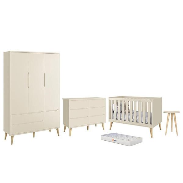 Imagem de Dormitório Infantil Theo 3 Portas, Cômoda 6 Gavetas, Berço, Mesa de Canto com Pés Madeira Naturale Colchão - Reller Móveis