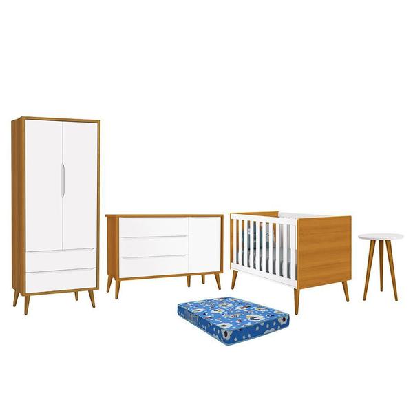 Imagem de Dormitório Infantil Theo Retrô 2 Portas, Cômoda 1 Porta, Berço, Mesa de Apoio com Pés Amadeirado e Colchão - Reller Móveis