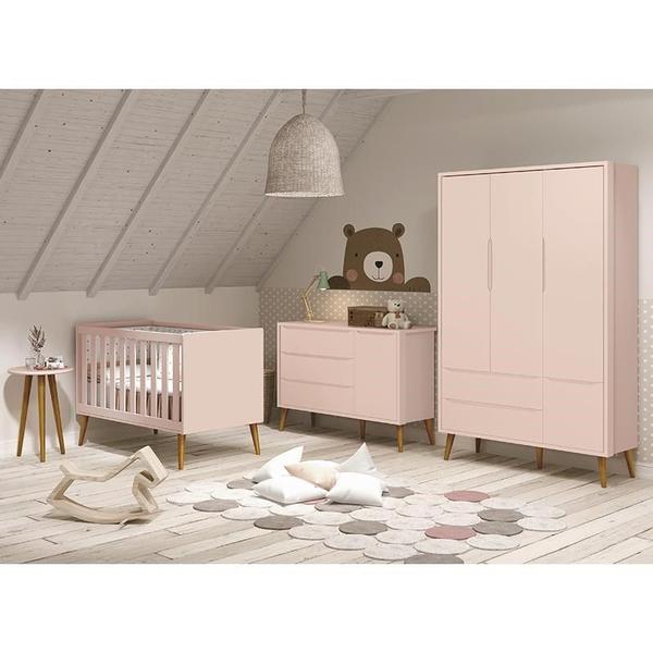 Imagem de Dormitório Infantil Theo Retrô 3 Portas, Cômoda 1 Porta, Berço e Mesa de Apoio Rosa com Pés Amadeirado - Reller Móveis