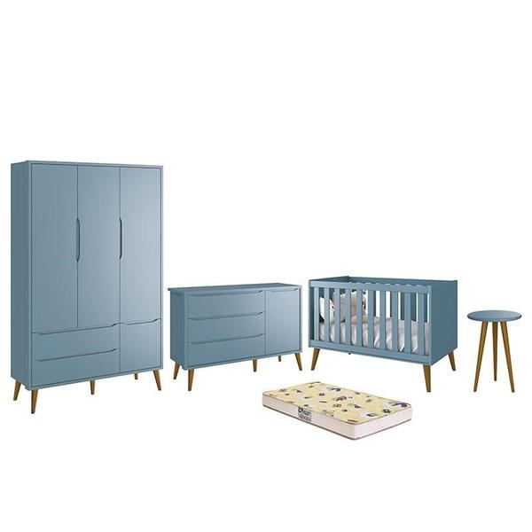 Imagem de Dormitório Infantil Theo Retrô 3 Portas, Cômoda 1 Porta, Berço, Mesa de Apoio Azul com Pés Amadeirado e Colchão D18 - Reller Móveis