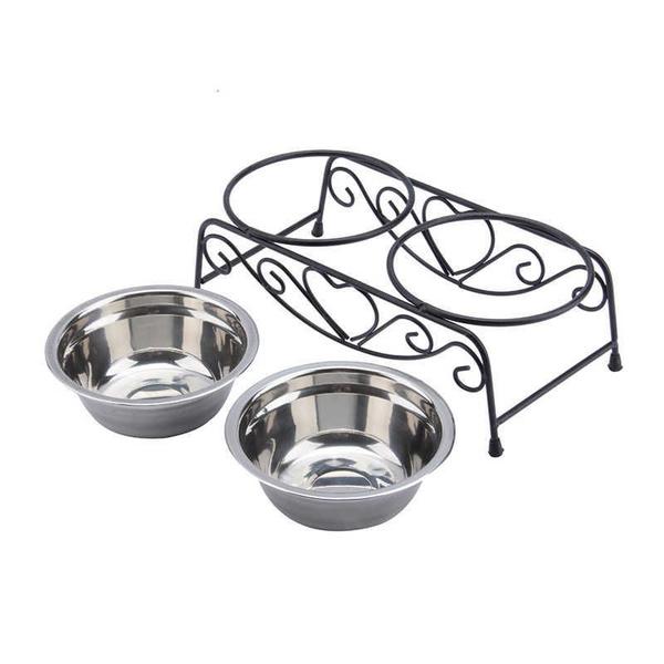 Imagem de Double Inoxid inoxidável Bowls Dog Cat Pet Food Water Feeder Dish With Retro Iron Stand Pet Food Bowls For Dogbowl For Dogbowl Dogwater Feeder