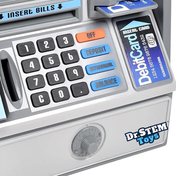 Imagem de Dr. STEM Toys Kids Talking ATM Machine Poupança Porquinho com tela digital, calculadora eletrônica que conta dinheiro real e cofre para crianças, prata