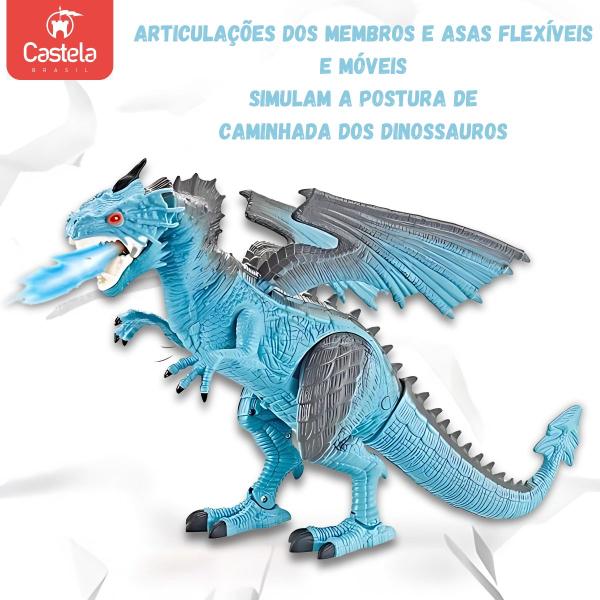 Imagem de Dragão Azul Controle Remoto Anda C/ Luz Som E Solta Fumaça Castela