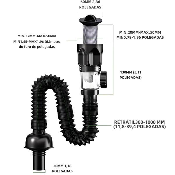 Imagem de Dreno de Pia de Cozinha Flexível Antiodor - Filtro Retrátil e Antientupimento