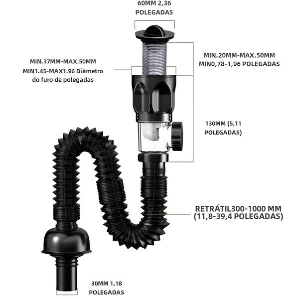 Imagem de Dreno de Pia de Cozinha Flexível Antiodor - Filtro Retrátil e Antientupimento