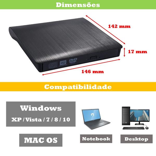 Imagem de Drive Externo USB 3.0 Leitor/Gravador de CD/DVD para Notebook e PC