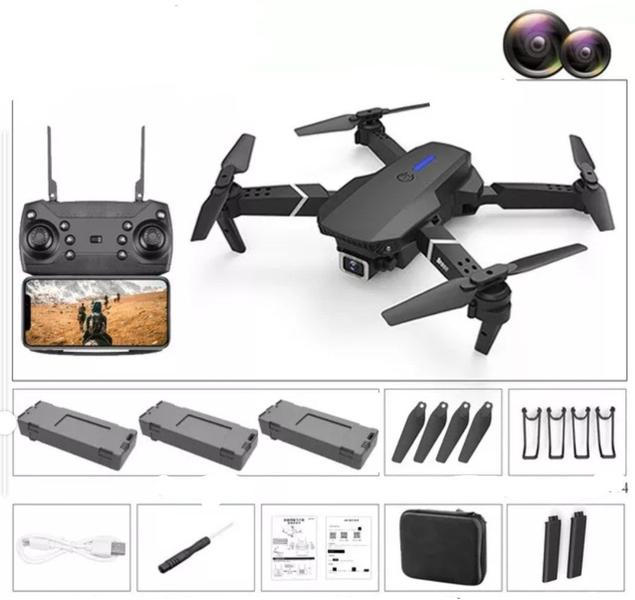 Drone E88 Pro 4k HD 2 Camera 3 baterias com Bolsa - opsshopping.online Imagem de Drone E88 Pro 4k HD 2 Camera 3 baterias com Bolsa