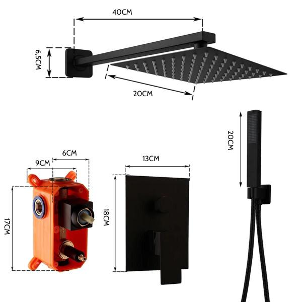 Imagem de  Ducha 20x20cm Inox Chuveiro Slim Preto Fosco Banheiro Completo com Chuveirinho Incluso