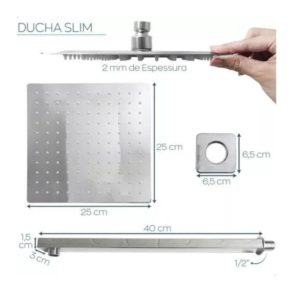 Imagem de Ducha Chuveiro 25X25 Inox Slim Quadrado Braço 40Cm