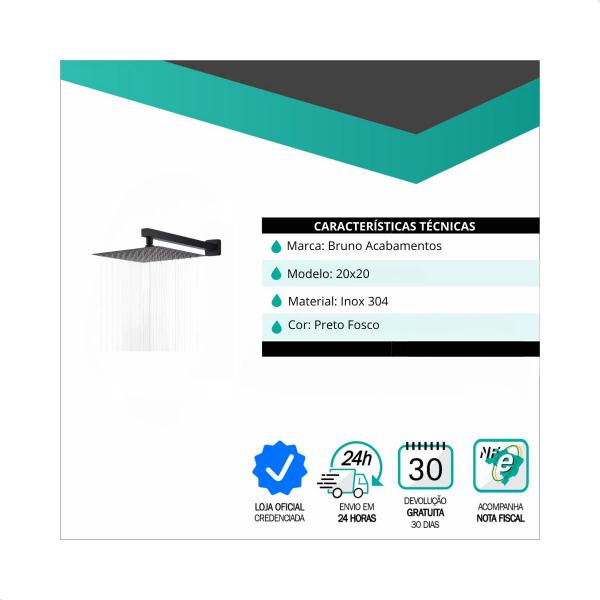 Imagem de Ducha chuveiro com braço para parede quadrada preto fosco em aço inox 20x20