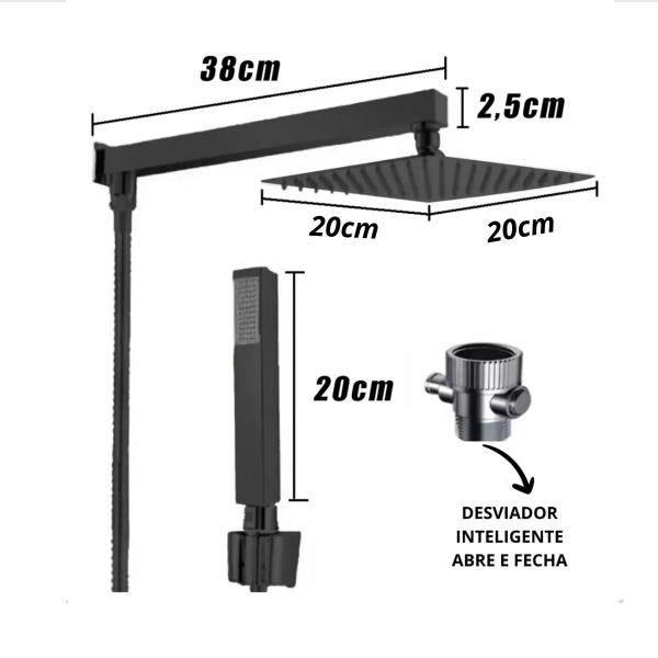 Imagem de Ducha chuveiro desviador inox 20x20 preto fosco completo