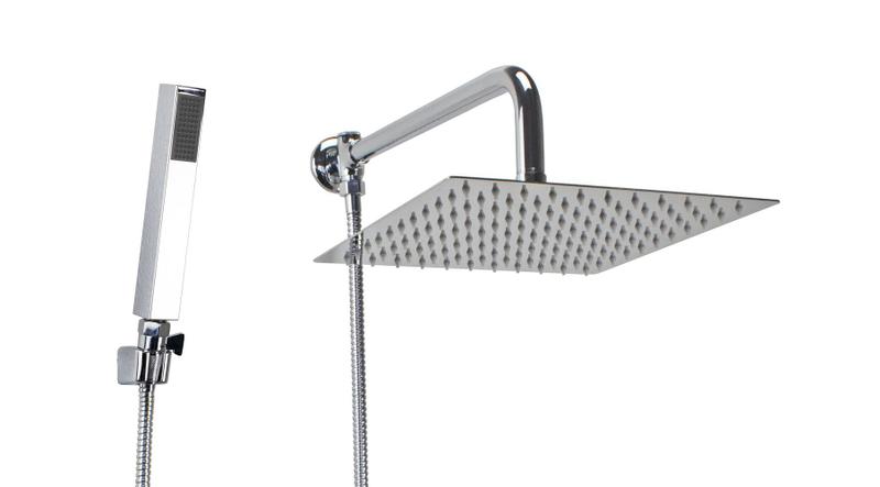 Ducha Chuveiro Inox 25x25 cm com Ducha Manual em ABS c/ Trava - AMG Metais Imagem de Ducha Chuveiro Inox 25x25 cm com Ducha Manual em ABS c/ Trava