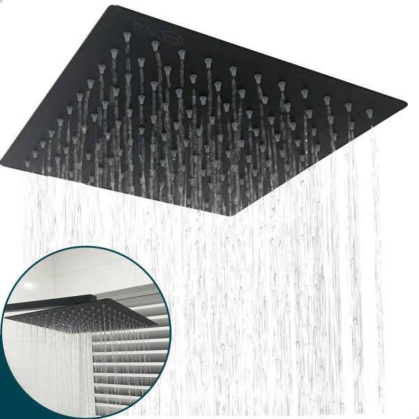 Imagem de Ducha Chuveiro Inox Preto Fosco De Teto 20x20 Com Niple Ducha Slim Cascata a Gas Quadrado 20cm Banheiro