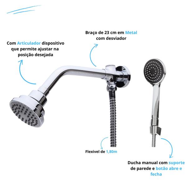 Imagem de Ducha Chuveiro Inteligente Cromada C/ Desviador E Duchinha Manual Aquecedor Solar E Gas