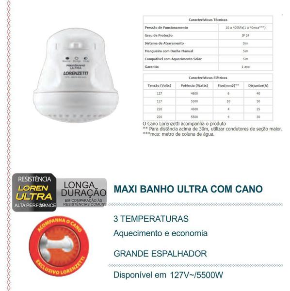 Imagem de Ducha Chuveiro Maxi Banho Ultra Lorenzetti 127V 5500W Com Cano Esconde Fios