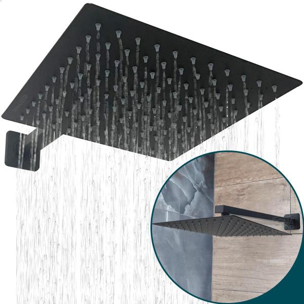 Imagem de Ducha Chuveiro Preto Fosco 25x25 Slim Aço Inox quadrado Braço suporte de parede banheiro