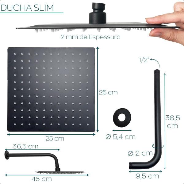 Imagem de Ducha Chuveiro Quadrado Preto 25X25 Cascata Slim A Gas 25Cm