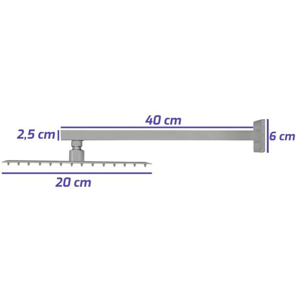 Imagem de Ducha Chuveiro Slim 20X20 Cm Inox + Braço 40Cm