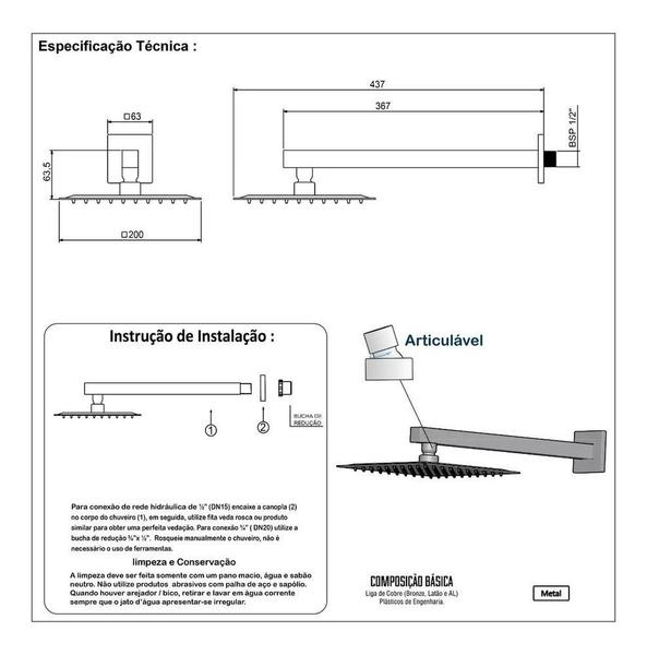 Imagem de Ducha Chuveiro Slim Quadrado Metal 20x20cm Com Braço 38cm