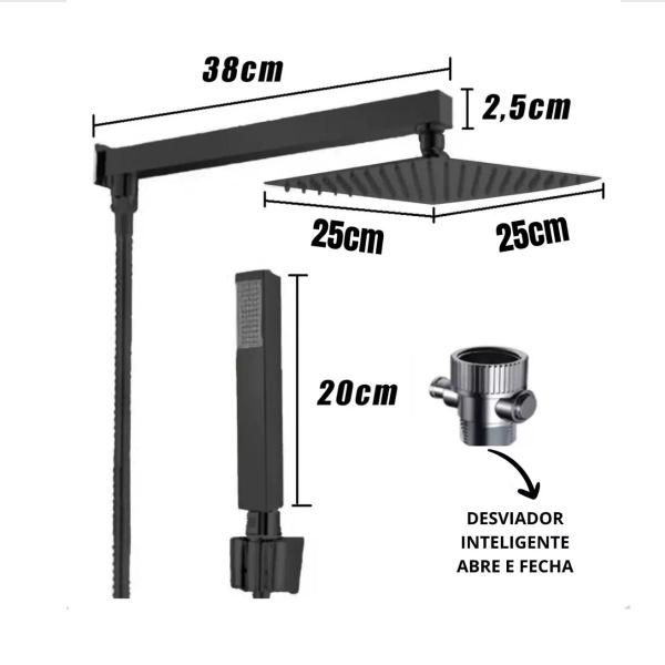 Imagem de Ducha de banho quadrada 25x25cm com desviador inteligente preto fosco