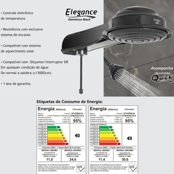 Ducha Elegance Eletrônica Black - 127V~ - 5.400W - Fame Imagem de Ducha Elegance Eletrônica Black - 127V~ - 5.400W - Fame