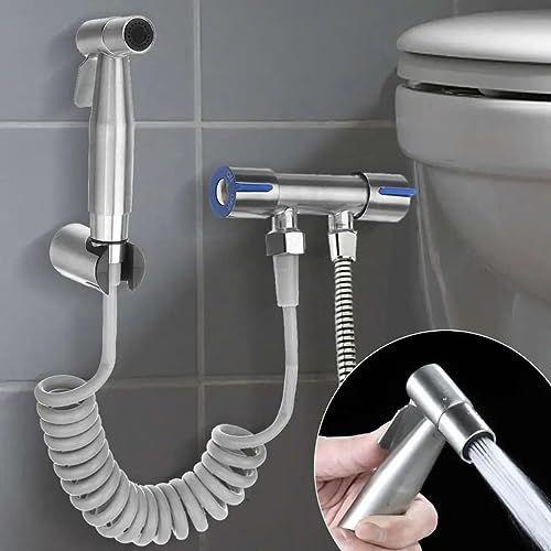 Imagem de Ducha Higiênica Chuveirinho Completa 2 Saidas de ½ Para Banheiro 1/4 De Volta 100% Metal Aço Inox (Prata)