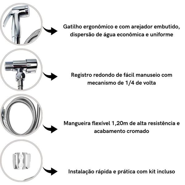 Imagem de Ducha higiênica completa com registro 1/4 de volta gatilho e mangueira -  acabamento cromado inox