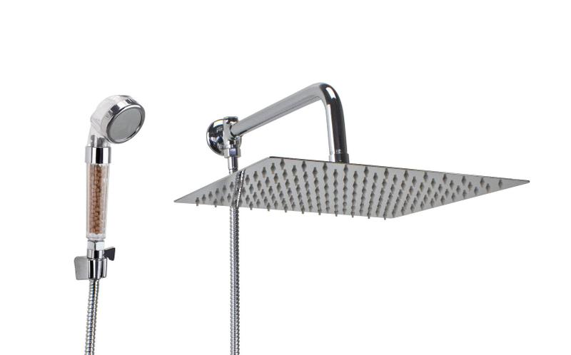 Ducha Inox 30 cm c/ Chuveirinho de Mão ABS com Esferas Ionizantes - AMG Metais Imagem de Ducha Inox 30 cm c/ Chuveirinho de Mão ABS com Esferas Ionizantes