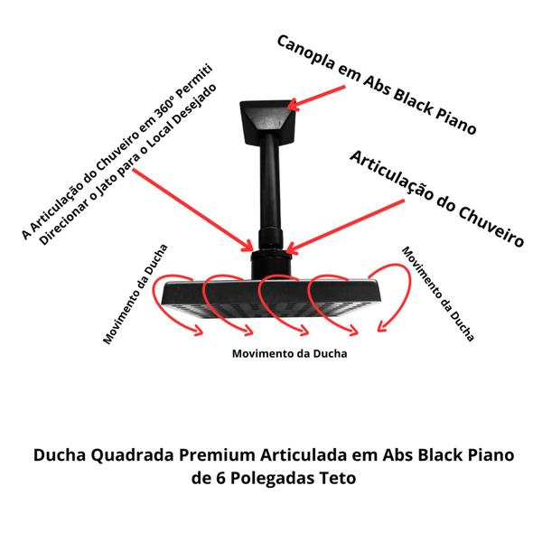 Imagem de Ducha Quadrada Articulada em Abs Black Piano de 6 Polegadas de 1/2 Teto Luxo Agua Quente Agua Fria