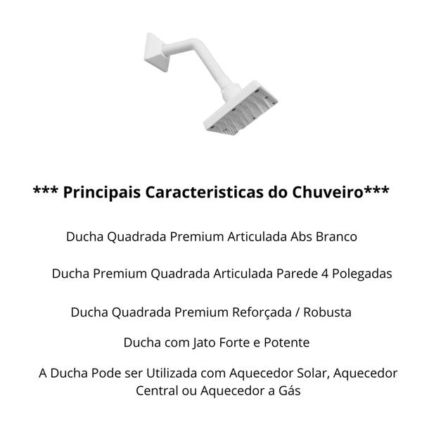 Imagem de Ducha Quadrada Articulada em Abs Branco de 4 Polegadas Parede de 1/2 Luxo Agua Quente Agua Fria