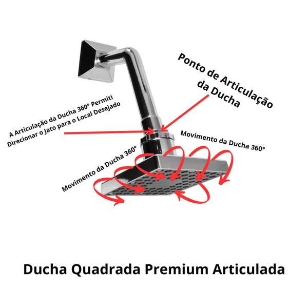 Imagem de Ducha Quadrada Articulada em Abs Cromado de 4 Polegadas Parede de 1/2 Luxo Agua Quente Agua Fria