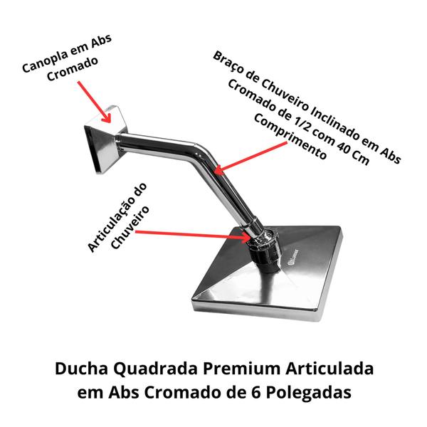 Imagem de Ducha Quadrada Articulada em Abs Cromado de 6 Polegadas de 1/2 Parede Luxo Agua Quente Agua Fria