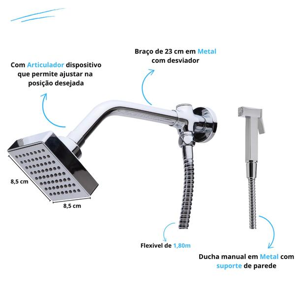 Ducha Quadrada Flatt Articulada Com Desviador E Ducha Manual Aquecedor Solar E Gás - Lusaflex Imagem de Ducha Quadrada Flatt Articulada Com Desviador E Ducha Manual Aquecedor Solar E Gás