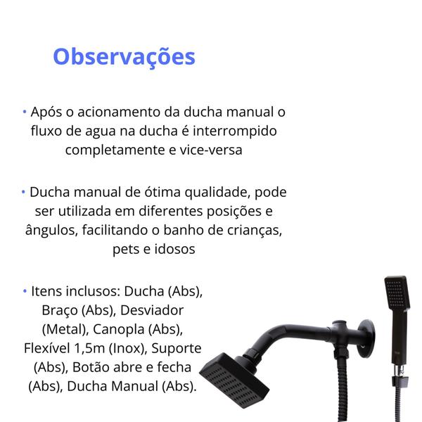 Imagem de Ducha Quadrada Preta Com Desviador E Duchinha Luxo - Aquecedor Solar E Gas