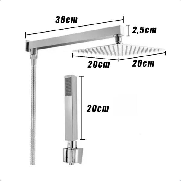 Imagem de Ducha Quadrado  com desviador inteligente 20x20 Slim Inox cromado mangueira