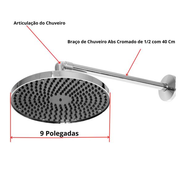 Imagem de Ducha Redonda Articulada em Abs Cromado de 9 Polegadas Parede de 1/2 Luxo Agua Quente Agua Fria