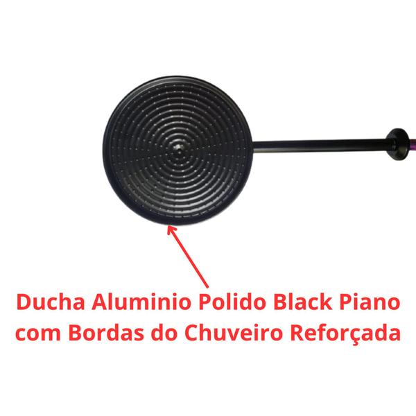 Imagem de Ducha Redonda Cascata em Aluminio Polido Alto Brilho Black Piano Luxo de 8 Polegadas Parede