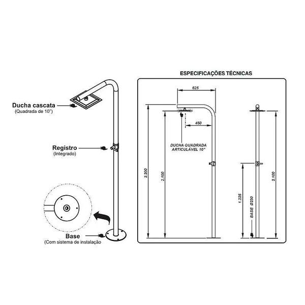 Imagem de Ducha Tubular em Aço Inox 2 Polegadas Com Chuveiro 25 x 25 - Sodramar